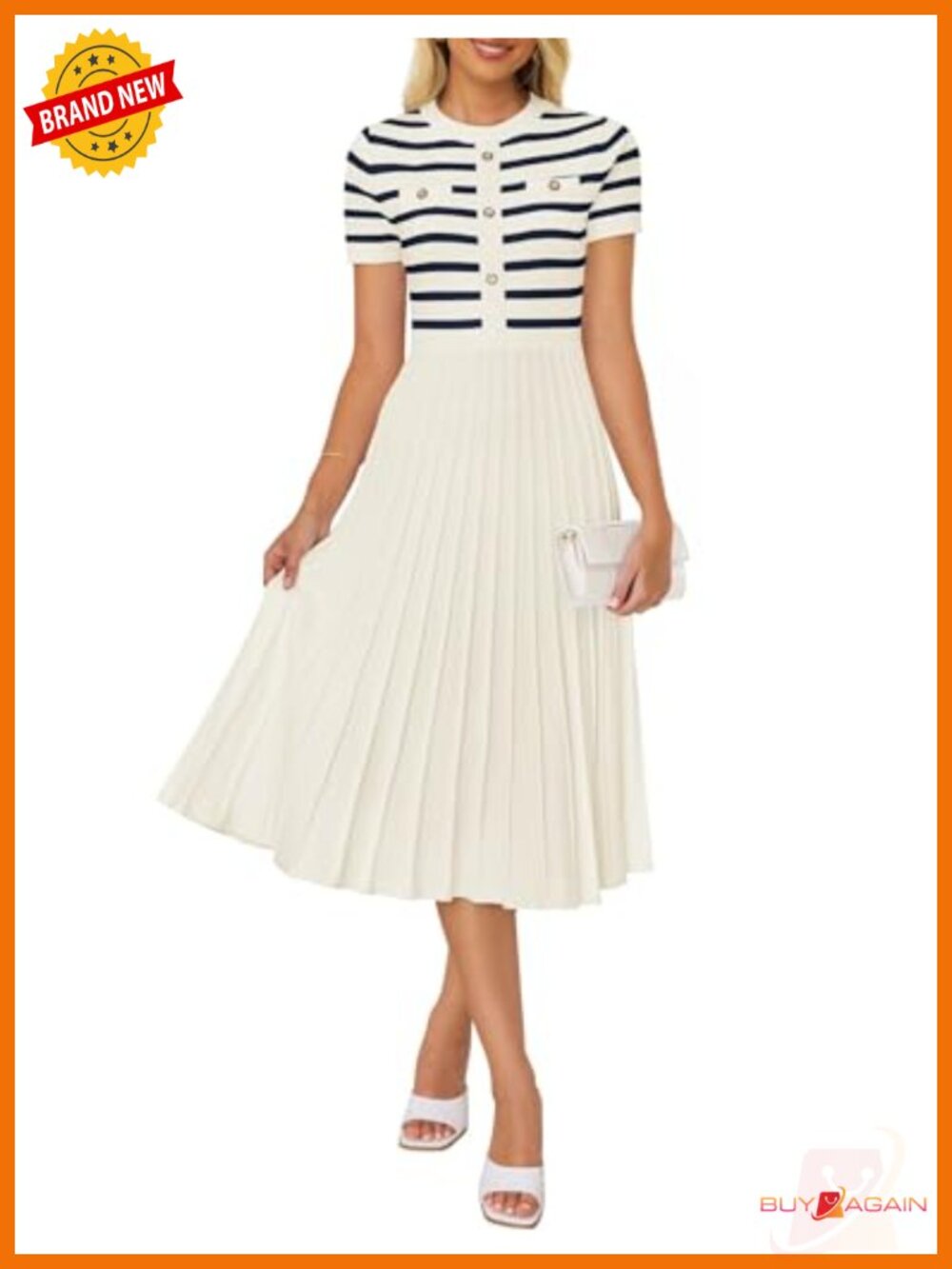 Striped Crewneck Midi Dress Short Sleeve A-Line Pleated Button Viscose Blend